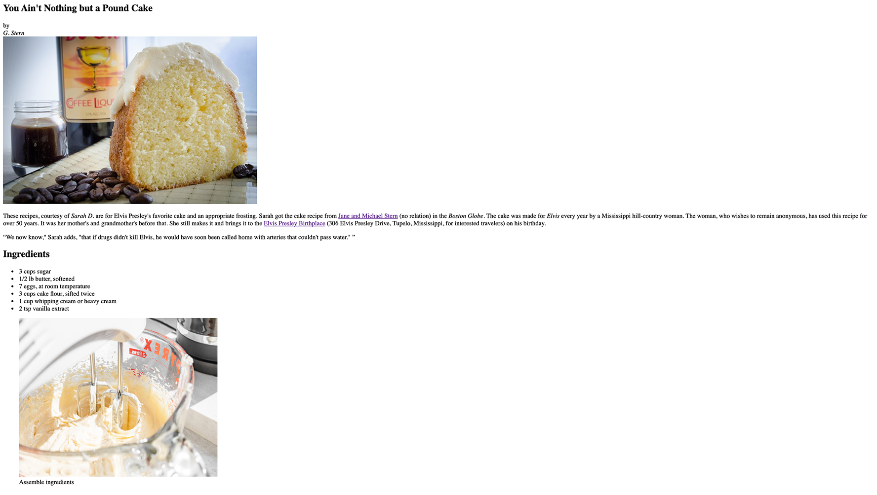 Screen shot of pound cake recipe with pound cake images.